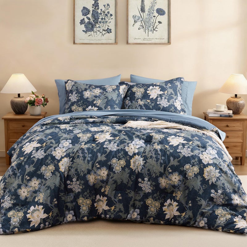 BLOOMHAVEN Queen Comforter Set -7 Pieces Floral Antique Blue Comforter Set for All Seasons, Bed in a Bag Queen with Botanical Flowers Comforter, Sheets, Pillowcases & Shams - Image 1