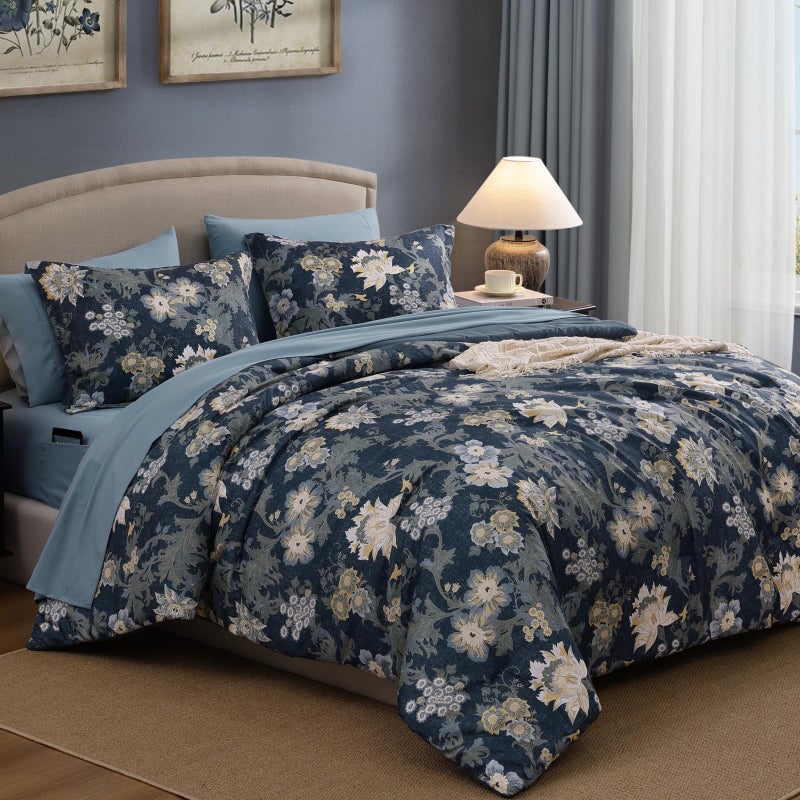 BLOOMHAVEN Queen Comforter Set -7 Pieces Floral Antique Blue Comforter Set for All Seasons, Bed in a Bag Queen with Botanical Flowers Comforter, Sheets, Pillowcases & Shams - Image 3