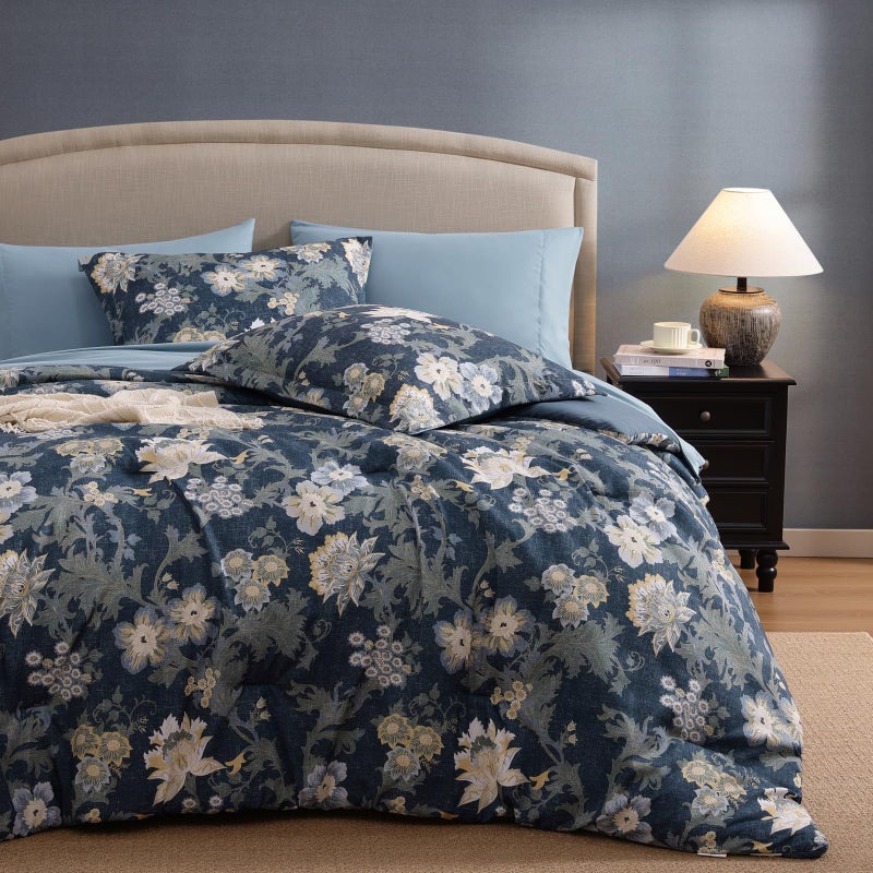 BLOOMHAVEN Queen Comforter Set -7 Pieces Floral Antique Blue Comforter Set for All Seasons, Bed in a Bag Queen with Botanical Flowers Comforter, Sheets, Pillowcases & Shams - Image 2