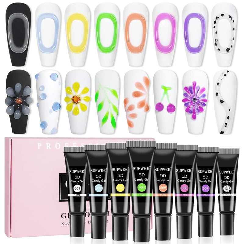 جل فن الأظافر ثلاثي الأبعاد لتصميم فن الأظافر 8 ألوان أنبوب جل شفاف أبيض للنقش والنمذجة والرسم جل الأظافر للاستخدام المنزلي DIY تجميل الأظافر