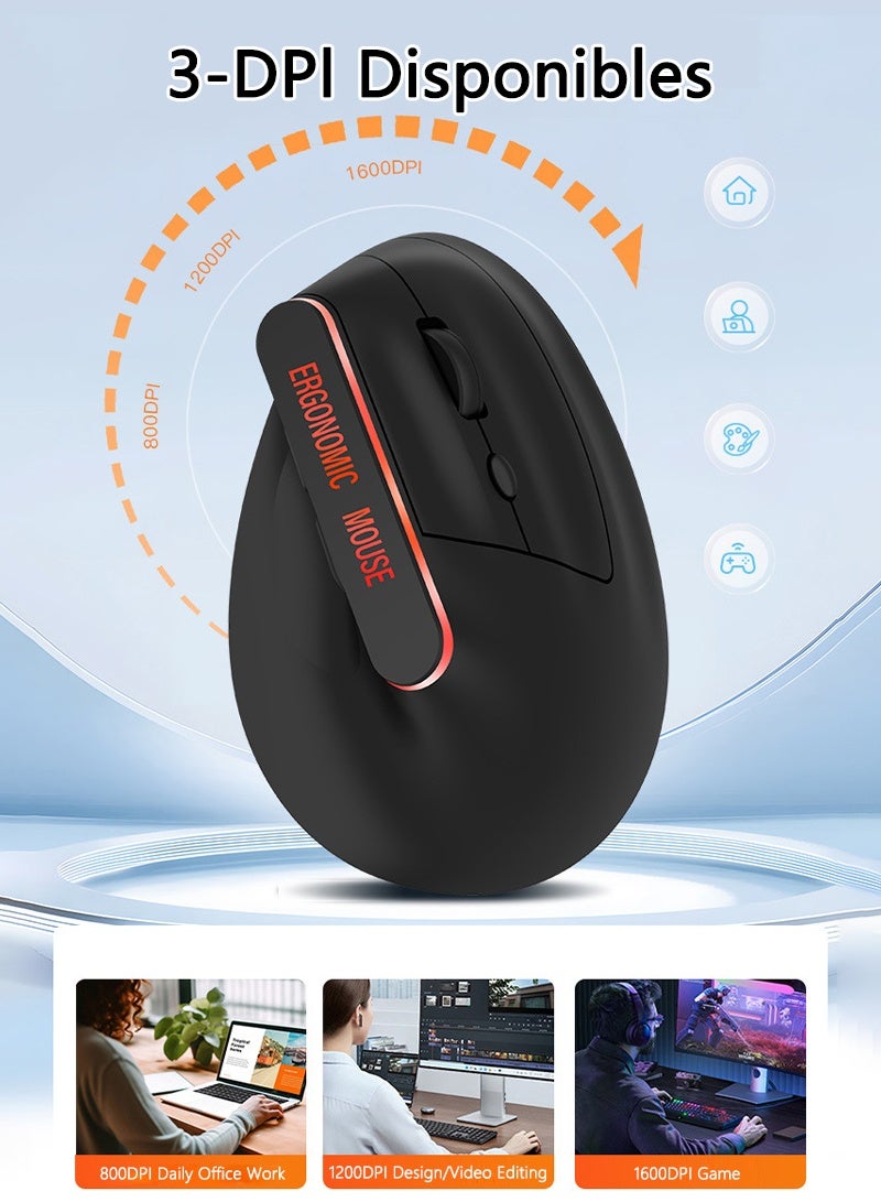 Mouse Wireless Vertical Ergonomic , Rechargeable RGB 2.4G USB with 3 Adjustable DPI 800/1200/1600 Levels for Computer, Laptop, PC, MacBook - Image 4