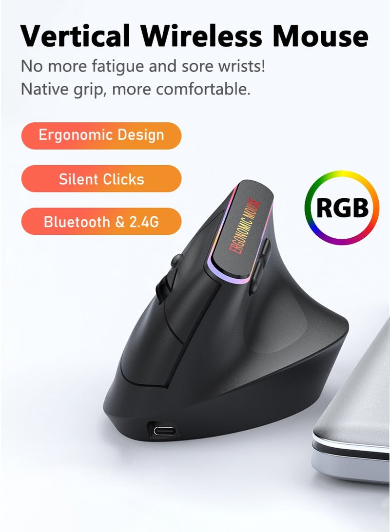 Vertical Ergonomic Mouse Wireless, Rechargeable RGB 2.4G USB with 3 Adjustable DPI 800/1200/1600 Levels for Computer, Laptop, PC, MacBook - Image 1