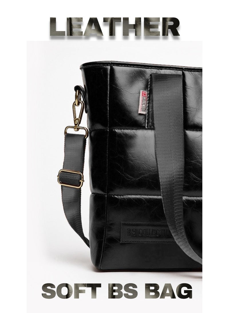 بي.أس كولكشن شنطة توت باج للبنات من الجلد المبطن Leather Soft B.S bag متعددة الإستخدامات من Black -B.S COLLECTION - Image 3