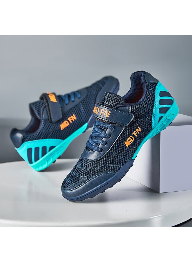 Messi Children's Football Shoes TF Short Nails – Wear-Resistant Training Shoes for Boys and Girls, Breathable Velcro, Black and Blue X668 Mesh, Includes Free Socks and Shin Guards