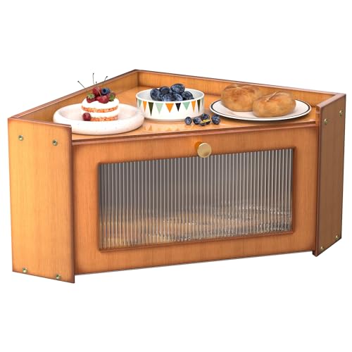 TQQDCI Corner Bread box for Kitchen Countertop, Vintage Wooden Counter Organizer, Bamboo Bread Storage Bin for Homemade Bread, Small Farmhouse Corner Breadbox Container with Acrylic Window, Vintage - Image 1