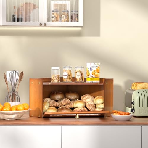 TQQDCI Corner Bread box for Kitchen Countertop, Vintage Wooden Counter Organizer, Bamboo Bread Storage Bin for Homemade Bread, Small Farmhouse Corner Breadbox Container with Acrylic Window, Vintage - Image 4