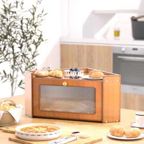 TQQDCI Corner Bread box for Kitchen Countertop, Vintage Wooden Counter Organizer, Bamboo Bread Storage Bin for Homemade Bread, Small Farmhouse Corner Breadbox Container with Acrylic Window, Vintage - Image 3