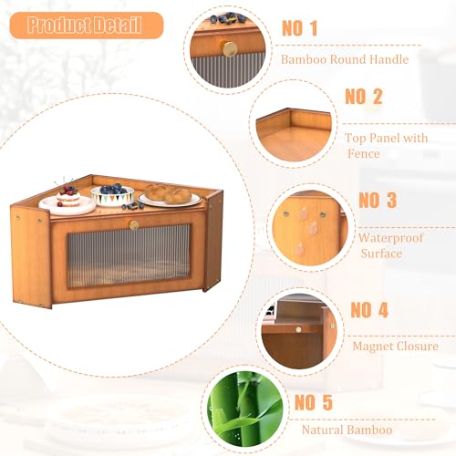 TQQDCI Corner Bread box for Kitchen Countertop, Vintage Wooden Counter Organizer, Bamboo Bread Storage Bin for Homemade Bread, Small Farmhouse Corner Breadbox Container with Acrylic Window, Vintage - Image 5