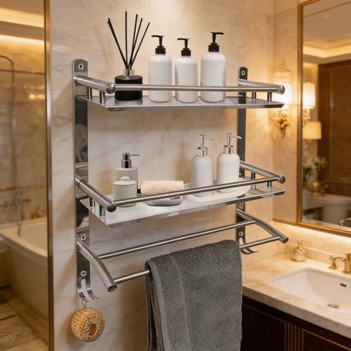Well Set Stainless Steel 2-Tier Bathroom Wall Shelf | 41×38.5×40.5 cm Multipurpose Rack with Towel Bar | Rust-Free Wall Mounted Organizer for Shampoo, Bottles & Toiletries (Mirror, Silver, Large) - Image 2