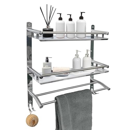 Well Set Stainless Steel 2-Tier Bathroom Wall Shelf | 41×38.5×40.5 cm Multipurpose Rack with Towel Bar | Rust-Free Wall Mounted Organizer for Shampoo, Bottles & Toiletries (Mirror, Silver, Large) - Image 4