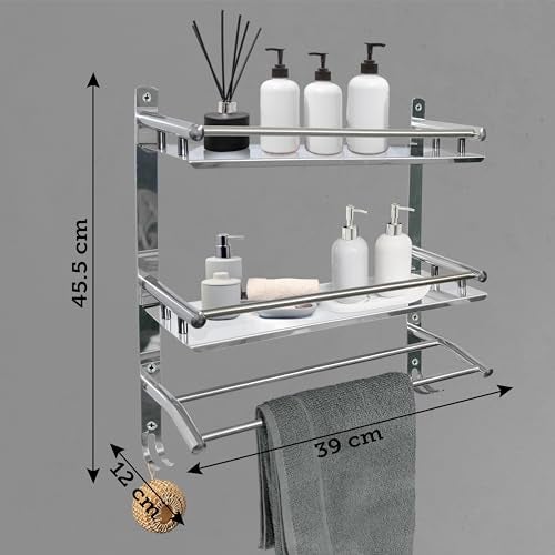 Well Set Stainless Steel 2-Tier Bathroom Wall Shelf | 41×38.5×40.5 cm Multipurpose Rack with Towel Bar | Rust-Free Wall Mounted Organizer for Shampoo, Bottles & Toiletries (Mirror, Silver, Large) - Image 3