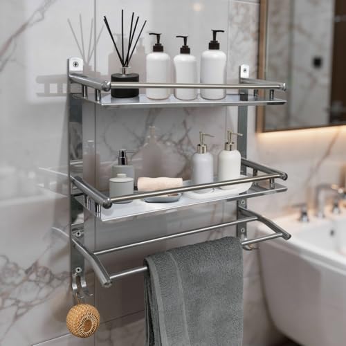 Well Set Stainless Steel 2-Tier Bathroom Wall Shelf | 41×38.5×40.5 cm Multipurpose Rack with Towel Bar | Rust-Free Wall Mounted Organizer for Shampoo, Bottles & Toiletries (Mirror, Silver, Large) - Image 5