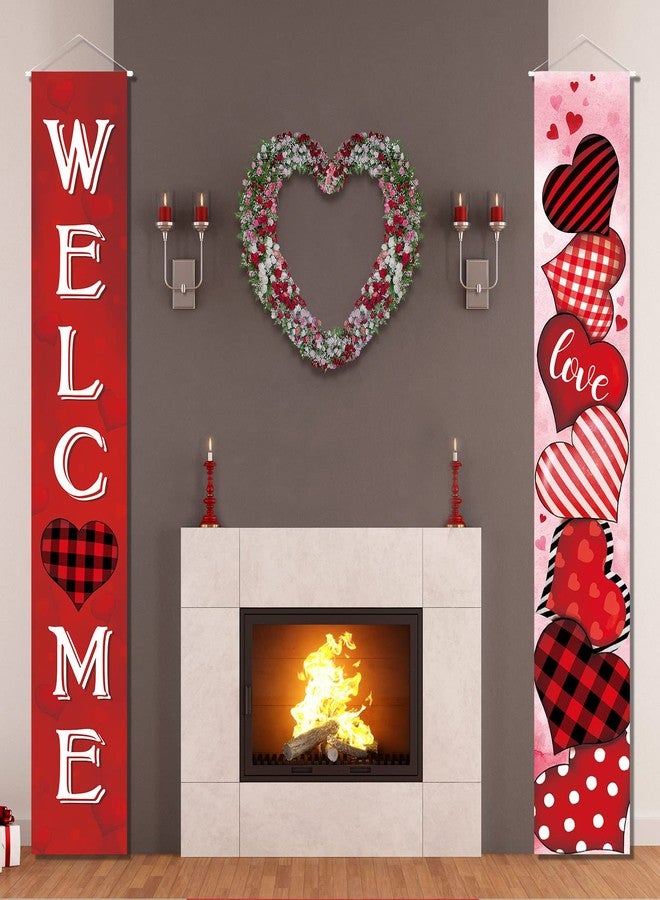 Capoda 2 Pcs Valentine's Day Door Banner Decoration Valentine Hanging Front Porch Welcome Sign Red Buffalo Plaid Love Heart Banner Romantic for the Home Wall School Office Indoor Outdoor Party Supplies Decor - Image 4