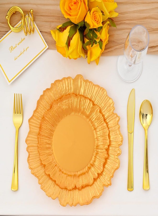 ISFANGCO 60Pcs Gold Floral Plastic Plates, Gold Fancy Disposable Plate, Heavy Duty Plastic Plates Set include 30 10" Dinner & 30 7.5" Dessert Plates for Party&Wedding Graduction Plate - Image 1