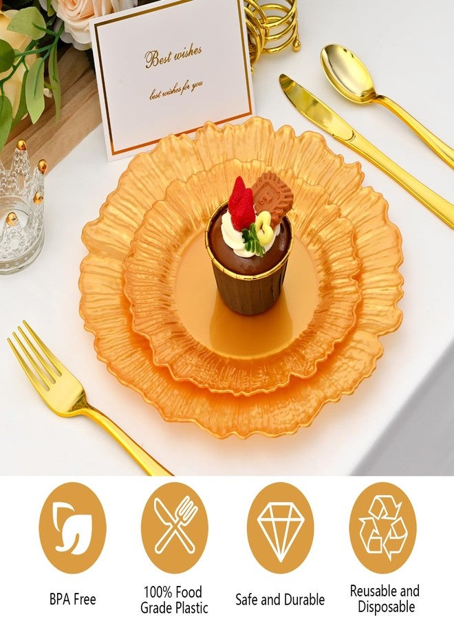 ISFANGCO 60Pcs Gold Floral Plastic Plates, Gold Fancy Disposable Plate, Heavy Duty Plastic Plates Set include 30 10" Dinner & 30 7.5" Dessert Plates for Party&Wedding Graduction Plate - Image 3