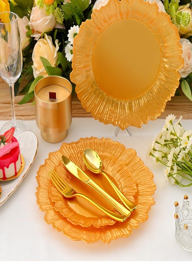 ISFANGCO 60Pcs Gold Floral Plastic Plates, Gold Fancy Disposable Plate, Heavy Duty Plastic Plates Set include 30 10" Dinner & 30 7.5" Dessert Plates for Party&Wedding Graduction Plate - Image 5