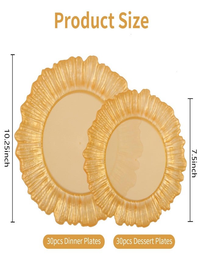 ISFANGCO 60Pcs Gold Floral Plastic Plates, Gold Fancy Disposable Plate, Heavy Duty Plastic Plates Set include 30 10" Dinner & 30 7.5" Dessert Plates for Party&Wedding Graduction Plate - Image 2