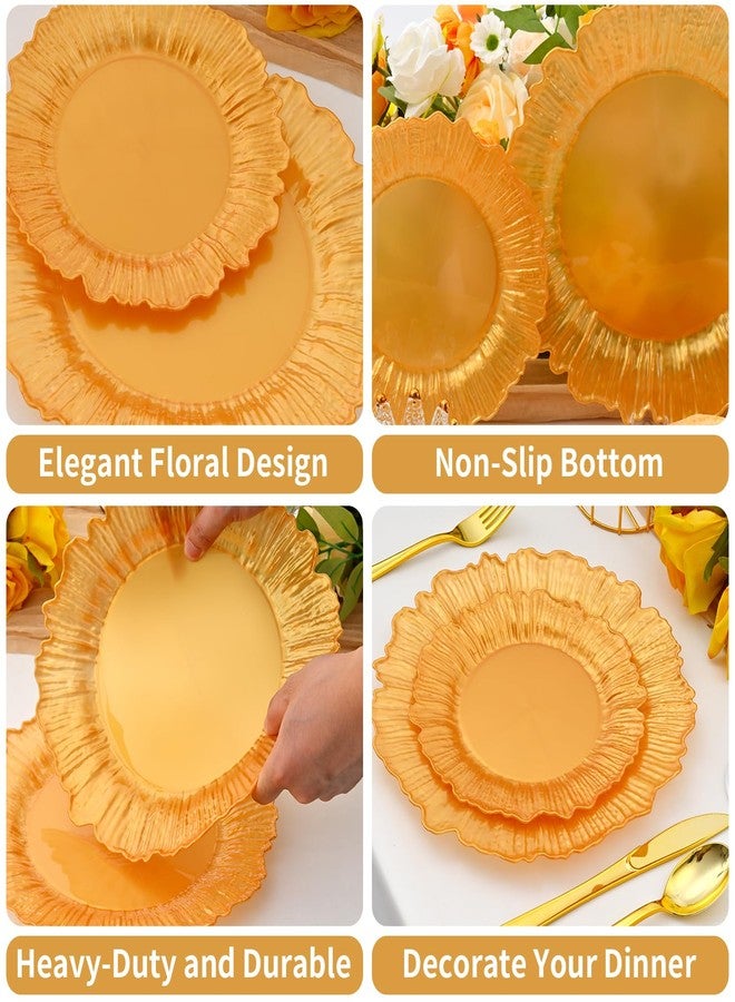 ISFANGCO 60Pcs Gold Floral Plastic Plates, Gold Fancy Disposable Plate, Heavy Duty Plastic Plates Set include 30 10" Dinner & 30 7.5" Dessert Plates for Party&Wedding Graduction Plate - Image 4