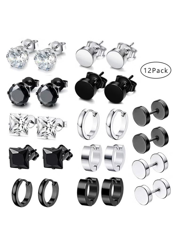 12 Pairs Stainless Steel Earrings Men Cubic Zirconia Fashion Black Earrings Set For Women Girls Stud Earrings - Image 1