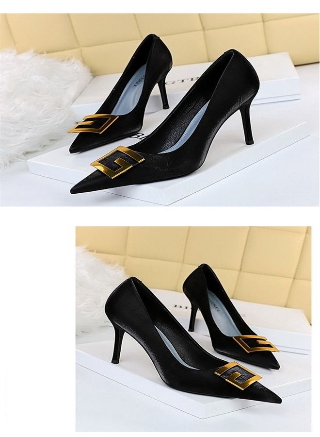 BIGTREE حذاء بكعب عالٍ بمشبك معدني مربع مدبب 8.5 سم أسود - Image 3