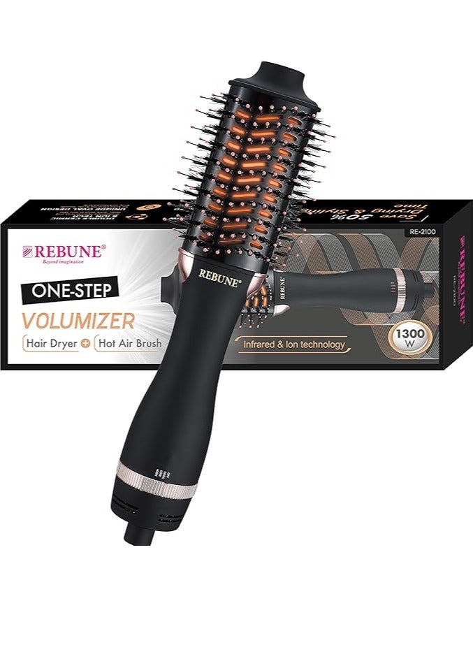 REBENUO REBUNE 1300W Mini Hot Air Brush One-Step Volumizer Negative Ion Infrared Hair Care Anti-Frizz Blowout Hair Dryer Brush for Straightening Curling Hair Styler RE-2100 (Black&Gold) - Image 1
