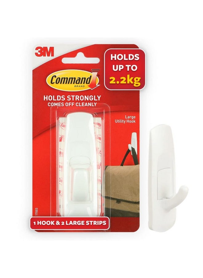 Command Self Adhesive Plastic Damage Free Wall Hooks, 1 Large Hook And 2 Strips Holds 2.2Kg, (White)  - Image 1