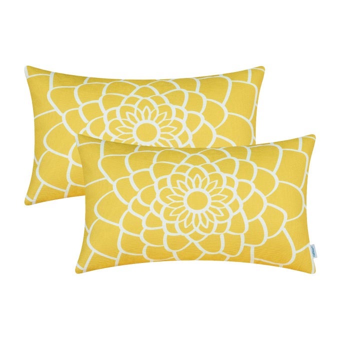 PACK OF 2 SOFT CANVAS PILLOW COVERS CASES FOR COUCH SOFA HOME DECOR DAHLIA FLORAL OUTLINE BOTH SIDES PRINT 12 X 20 INCHES MAIZE YELLOW