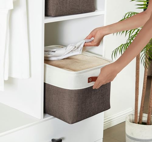 DECOMOMO Storage Baskets for Shelves - Fabric Storage Bins, Linen Closet Organizers and Storage (Brown & White, Large - 3 Pack) - Image 2