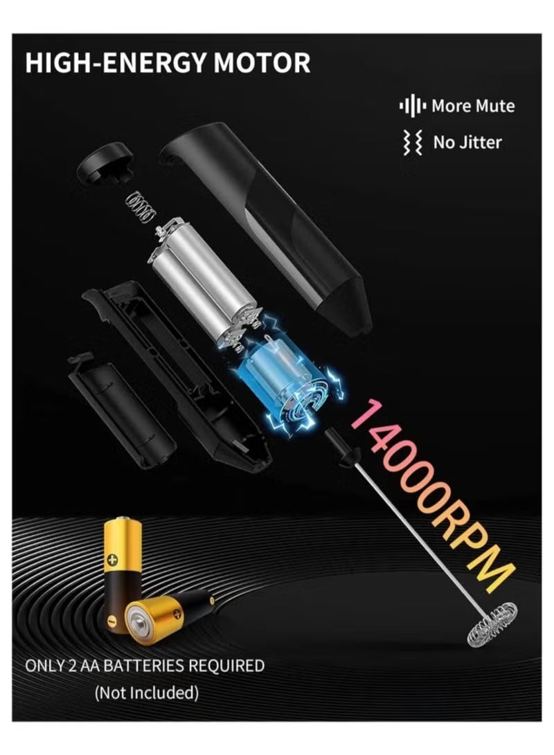 Milk Frother with Stand, Handheld, Battery Operated, Stainless Steel Stand, Foam Maker, Whisk, Drink Mixer, for Latte, Cappuccino, Coffee, Frappe, Matcha and Hot Chocolate, etc. Black. - Image 3