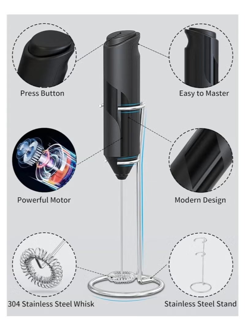 Milk Frother with Stand, Handheld, Battery Operated, Stainless Steel Stand, Foam Maker, Whisk, Drink Mixer, for Latte, Cappuccino, Coffee, Frappe, Matcha and Hot Chocolate, etc. Black. - Image 5