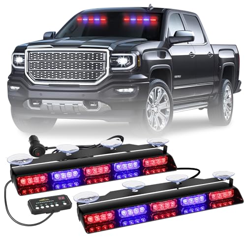 XRIDONSEN 2x 17 inch Emergency Dash Police Lights Red Blue Police Light Bar 40 LED Interior Front/Rear Windshield Strobe Lights Safety Flashing Warning Hazard w/Suction Cups for Vehicles Trucks Car - Image 1