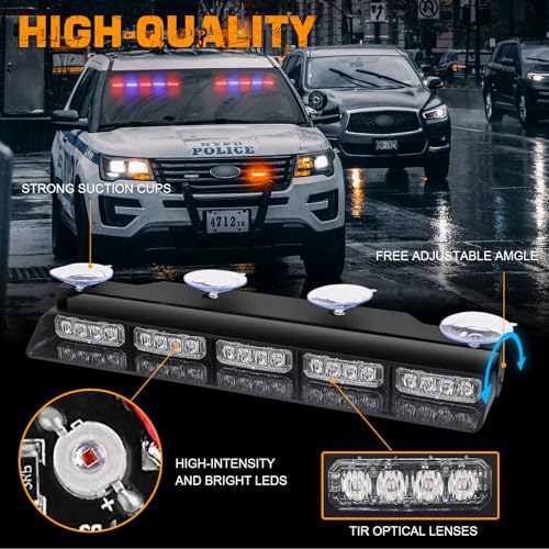 XRIDONSEN 2x 17 inch Emergency Dash Police Lights Red Blue Police Light Bar 40 LED Interior Front/Rear Windshield Strobe Lights Safety Flashing Warning Hazard w/Suction Cups for Vehicles Trucks Car - Image 3