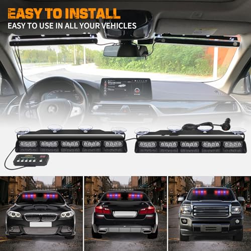 XRIDONSEN 2x 17 inch Emergency Dash Police Lights Red Blue Police Light Bar 40 LED Interior Front/Rear Windshield Strobe Lights Safety Flashing Warning Hazard w/Suction Cups for Vehicles Trucks Car - Image 5