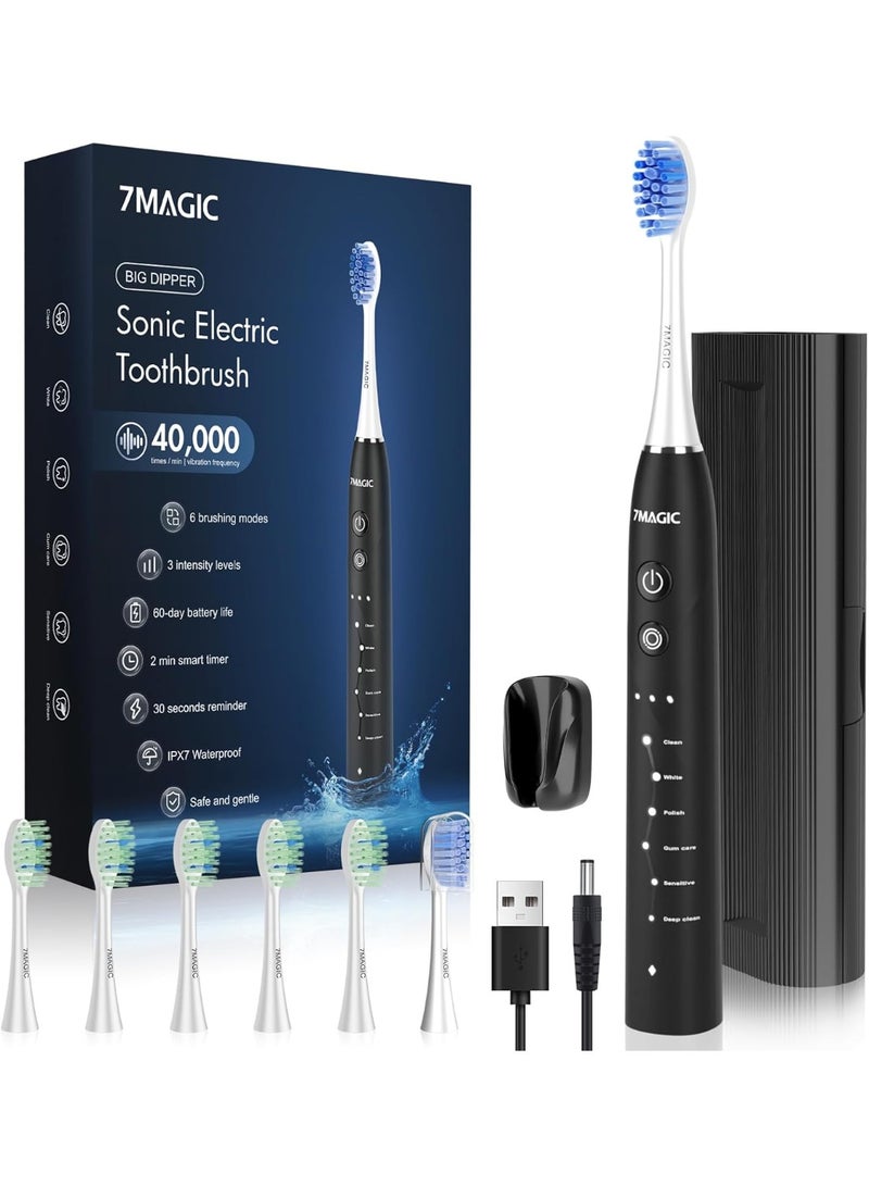 Electric Toothbrush, Sonic Toothbrush, Electric Toothbrush with 6 Modes, 3 Intensities, 40000VPM, IPX7, Toothbrush with 90 Days Battery Life and Timer, Black
