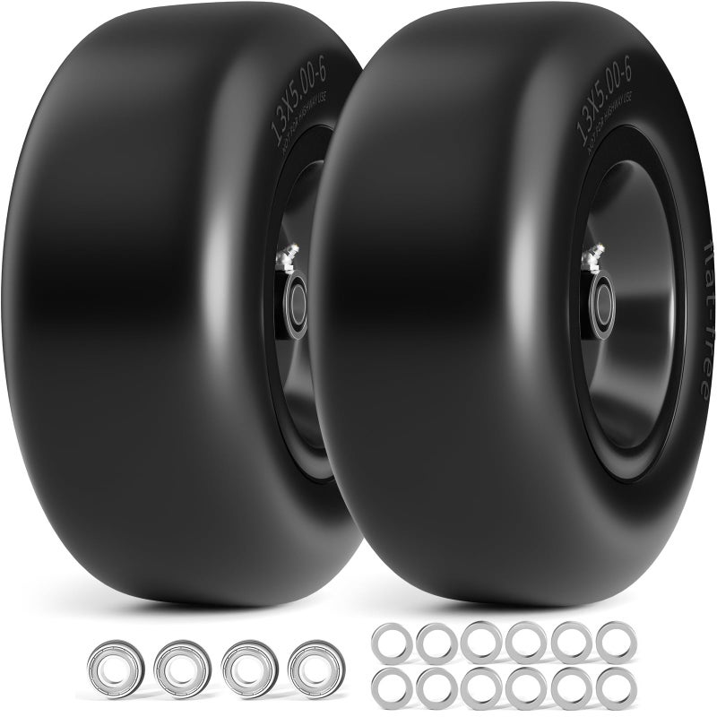 RONPOW 13x5.00-6 Flat Free Lawn Mower Tire and Wheel, 13x5x6 Solid Front Tires for Zero Turn Mower, 500Lbs Load, 3/4", 5/8" and 1/2" Bearings, 4.33"-6.73" Hub Spacers, 2Pack Black, TRK-TIR-1356FFBK - Image 1