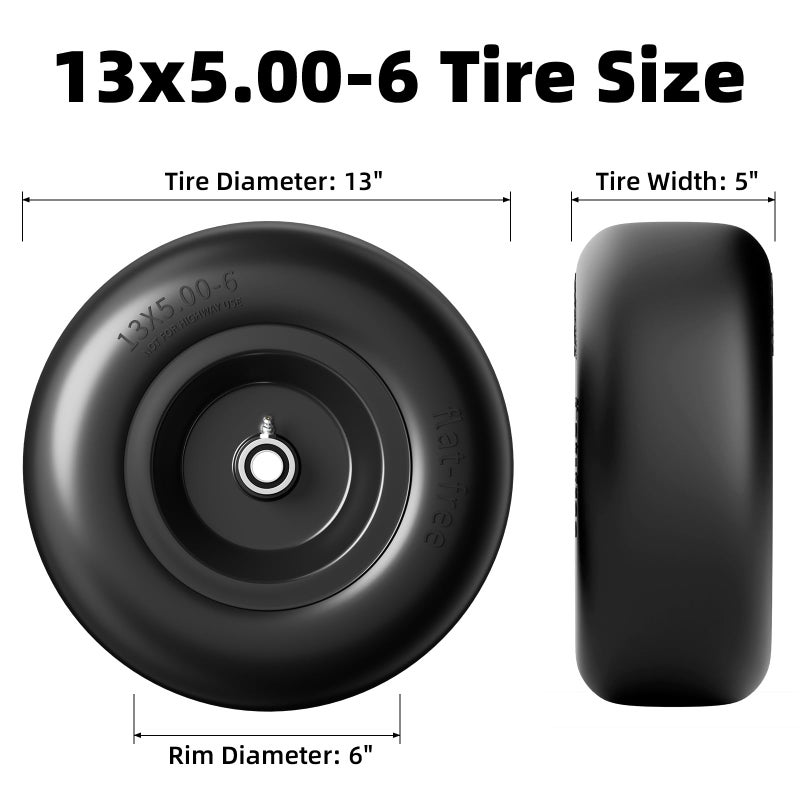 RONPOW 13x5.00-6 Flat Free Lawn Mower Tire and Wheel, 13x5x6 Solid Front Tires for Zero Turn Mower, 500Lbs Load, 3/4", 5/8" and 1/2" Bearings, 4.33"-6.73" Hub Spacers, 2Pack Black, TRK-TIR-1356FFBK - Image 2