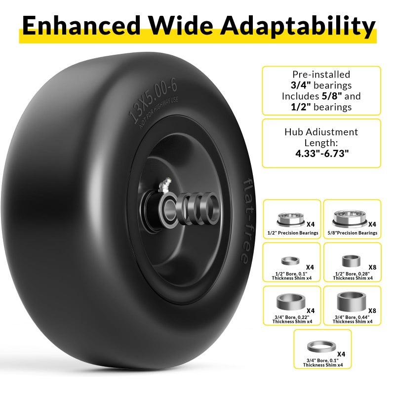 RONPOW 13x5.00-6 Flat Free Lawn Mower Tire and Wheel, 13x5x6 Solid Front Tires for Zero Turn Mower, 500Lbs Load, 3/4", 5/8" and 1/2" Bearings, 4.33"-6.73" Hub Spacers, 2Pack Black, TRK-TIR-1356FFBK - Image 5