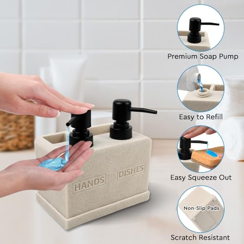 Deobath Hand and Dish Soap Dispenser Set for Kitchen Sink,Dual Soap Dispenser with Sponge Caddy and Brush Holder 4-in-1 Countertop Organizer for Kitchen Bathroom,Useful Kitchen Gadgets-Beige - Image 4