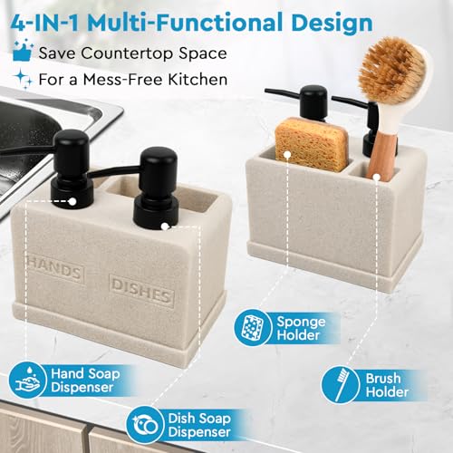 Deobath Hand and Dish Soap Dispenser Set for Kitchen Sink,Dual Soap Dispenser with Sponge Caddy and Brush Holder 4-in-1 Countertop Organizer for Kitchen Bathroom,Useful Kitchen Gadgets-Beige - Image 3