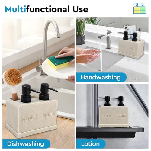 Deobath Hand and Dish Soap Dispenser Set for Kitchen Sink,Dual Soap Dispenser with Sponge Caddy and Brush Holder 4-in-1 Countertop Organizer for Kitchen Bathroom,Useful Kitchen Gadgets-Beige - Image 5