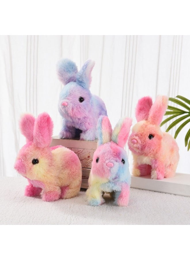 Plush Electric Rabbit Can Move Its Ears And Beat Its Mouth And Squeak Its Colorful Rabbit Children And Girls Play House-Color:Rainbow Rabbit (Pink)  - Image 3