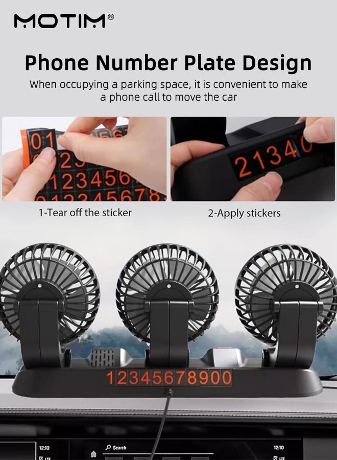 Motim 3 Head Car Cooling Fan USB Cooling Fan, 360° Rotating Cooling Air Fan for Driving and Front Seat Passenger, 3 Speeds Strong Wind Power, Aromatherapy Box and Parking Number Plate, Portable Car Cooling Fan for All Vehicles  - Image 4