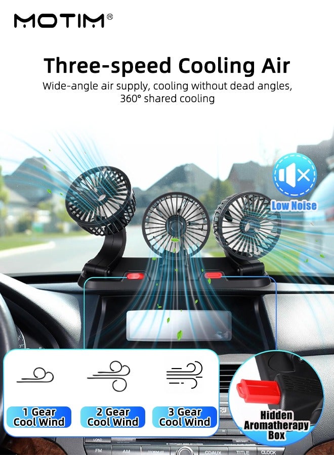 Motim 3 Head Car Cooling Fan USB Cooling Fan, 360° Rotating Cooling Air Fan for Driving and Front Seat Passenger, 3 Speeds Strong Wind Power, Aromatherapy Box and Parking Number Plate, Portable Car Cooling Fan for All Vehicles  - Image 2