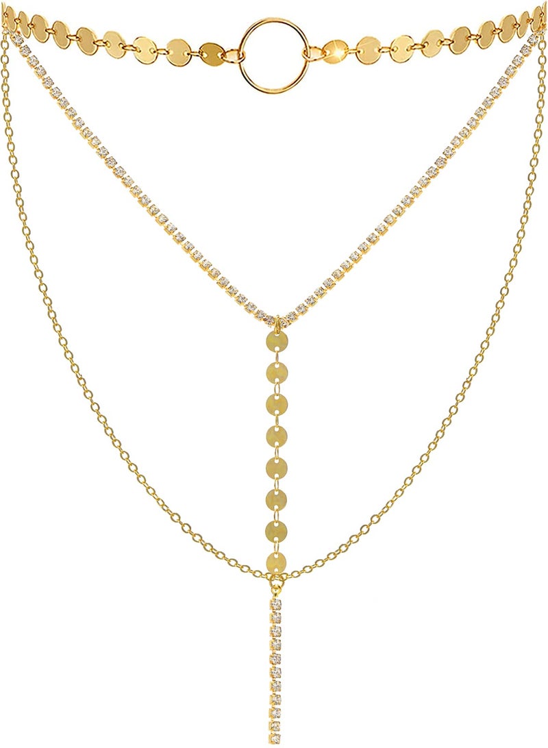 Suyi Stylish Layered Sequins Choker Necklace with Thin Long Chian Pendant for Women Lady Crystal Gold 2 - Image 1