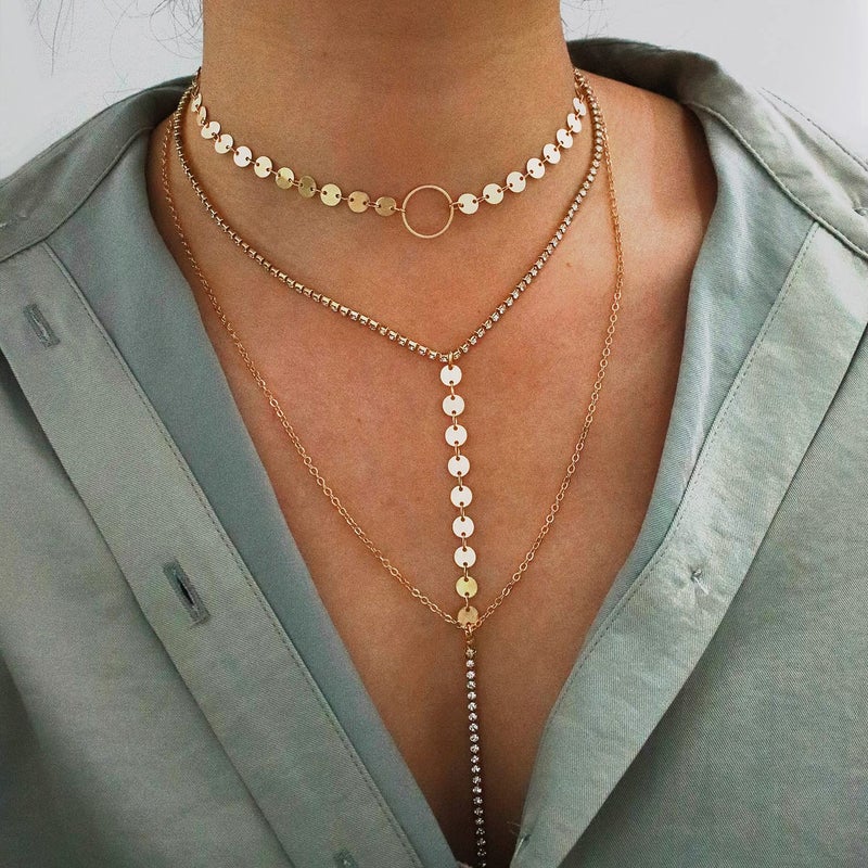 Suyi Stylish Layered Sequins Choker Necklace with Thin Long Chian Pendant for Women Lady Crystal Gold 2 - Image 3