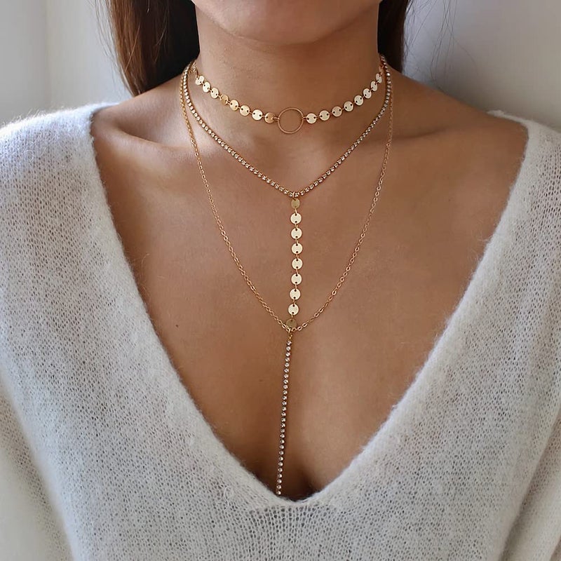 Suyi Stylish Layered Sequins Choker Necklace with Thin Long Chian Pendant for Women Lady Crystal Gold 2 - Image 4