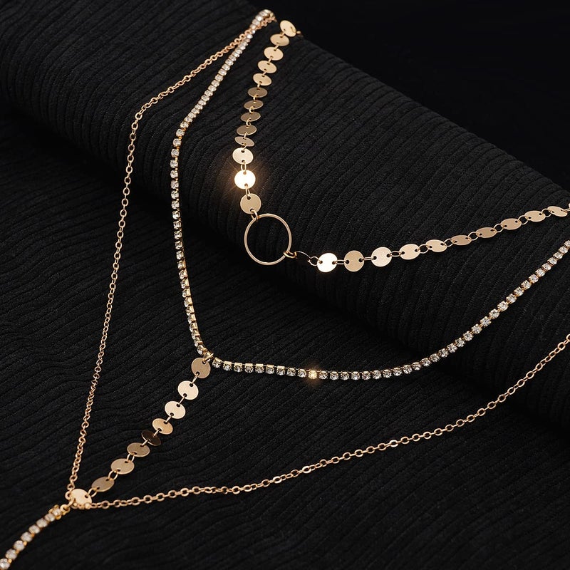 Suyi Stylish Layered Sequins Choker Necklace with Thin Long Chian Pendant for Women Lady Crystal Gold 2 - Image 5