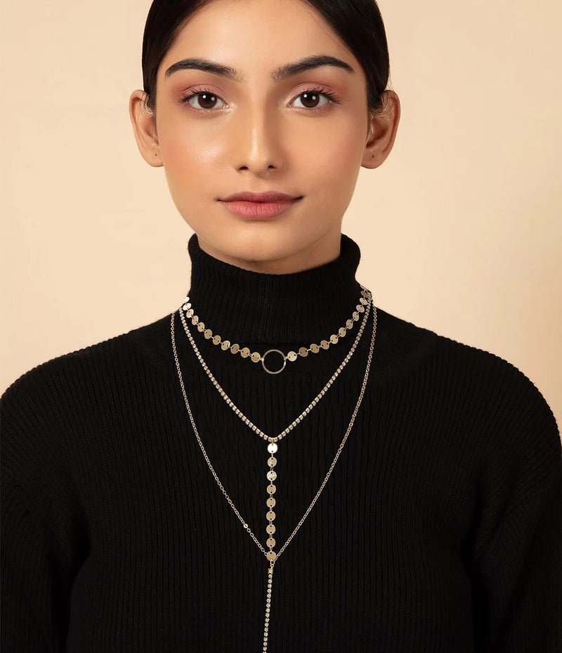 Suyi Stylish Layered Sequins Choker Necklace with Thin Long Chian Pendant for Women Lady Crystal Gold 2 - Image 2
