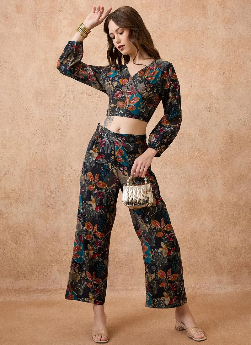 Globus Women V-Neck Floral Print Crop Top With Wide Leg Pants Fusion Co-Ord Set