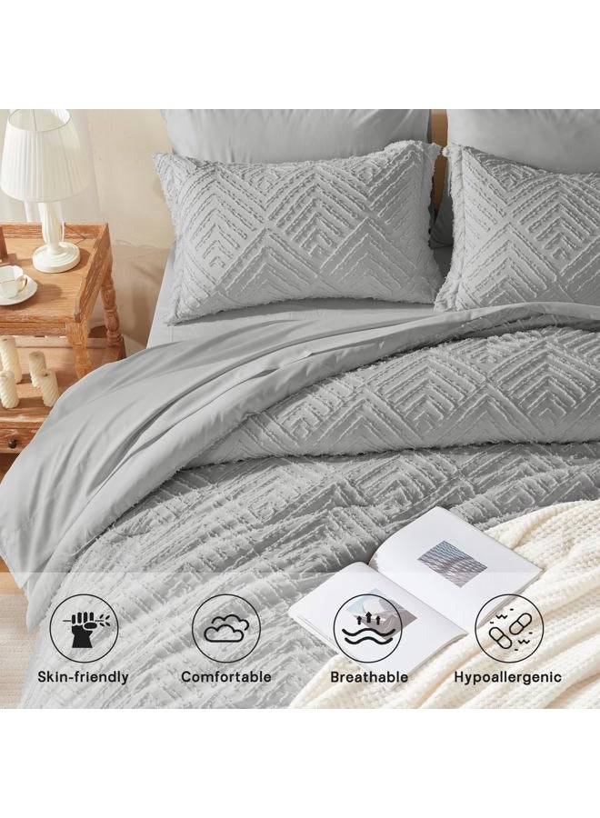 Zzlpp Queen Comforter Set 7 Pieces, Light Grey Tufted Bed in a Bag with Comforter and Sheets,All Season Boho Bedding Sets with Comforter, 2 Pillow Shams, 2 Pillowcases, 1 Flat Sheet, 1 Fitted Sheet - Image 3